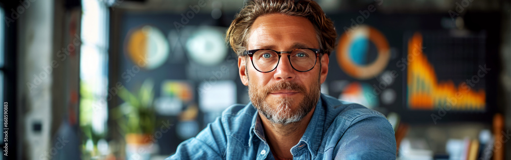 Poster middle-aged man with glasses analyzing data charts on a computer screen, showcasing a professional a