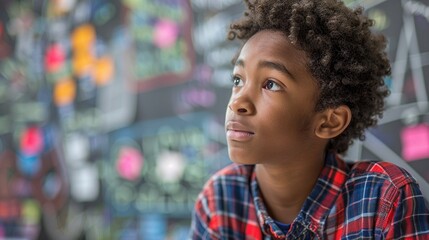 Math Challenge Focus A student intensely focused on solving a math problem on the board, feeling determined and concentrated