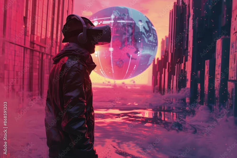 Poster man wearing vr headset exploring surreal virtual reality world ai and future metaverse concept digit