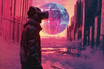 man wearing vr headset exploring surreal virtual reality world ai and future metaverse concept digital art