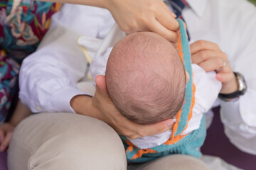 Newborn human baby top of little tiny head hair line pate forehead