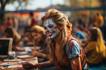 Fototapeta premium A school Halloween carnival with game booths face painting, and children participating in fun Halloween activities