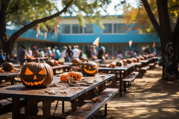 A school Halloween carnival with game booths face painting, and children participating in fun Halloween activities