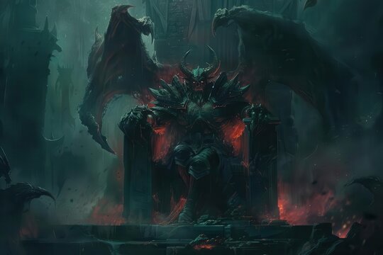 menacing demon king enthroned in hellish realm dark fantasy illustration