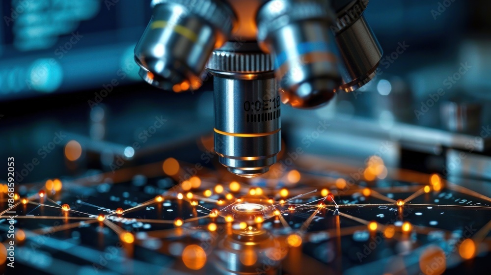 Poster a microscope lens focuses on a circuit board with illuminated connections