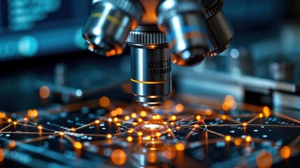 A microscope lens focuses on a circuit board with illuminated connections