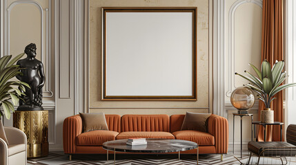 Art Deco extravagant and premium interior design living room, dining room with empty poster mockup on the wall