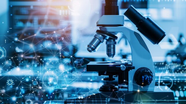 Microscope on top of scientific equipment, digital and geometric background, soft lighting for clarity. - Powered by Adobe