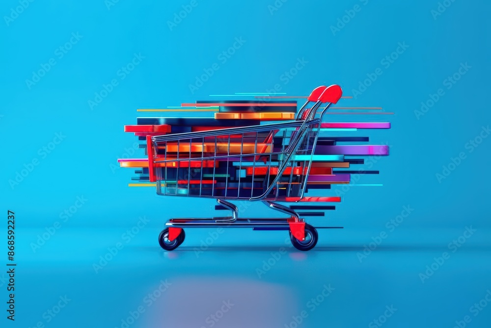 Poster hightech depiction of a cart bursting with vibrant elements and sleek lines with copy space
