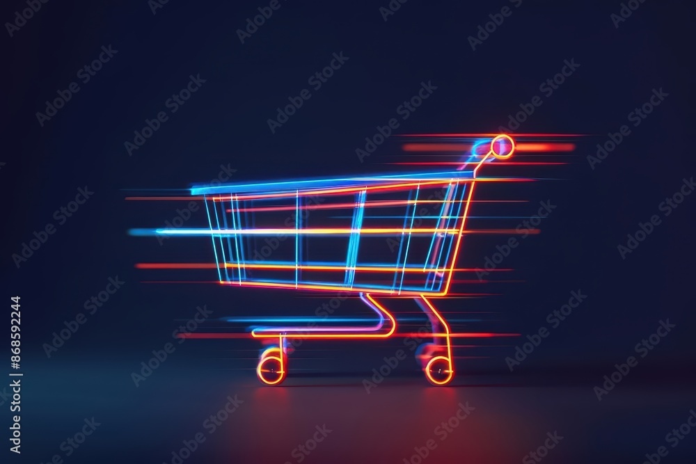 Poster hightech depiction of a cart bursting with vibrant elements and sleek lines with copy space