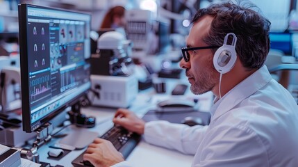 Technician Fine-tuning Digital Hearing Aid Using Computer in Blurred Office Setting
