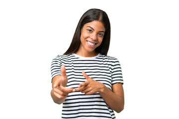 Young African american woman over isolated background pointing to the front and smiling