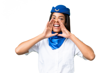 Airplane stewardess African american woman over isolated background shouting and announcing something