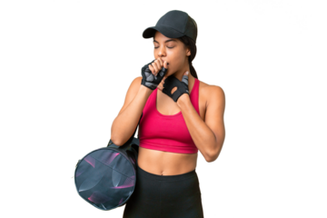Young sport African american woman with sport bag over isolated background is suffering with cough and feeling bad