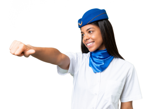 Airplane stewardess African american woman over isolated background giving a thumbs up gesture