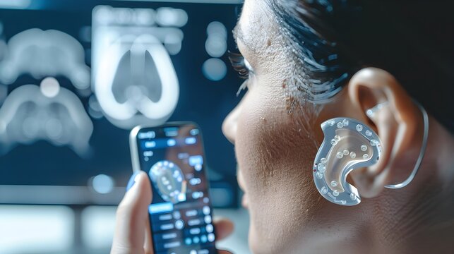 Close-up of a modern digital hearing aid being adjusted using a smartphone app in a medical setting