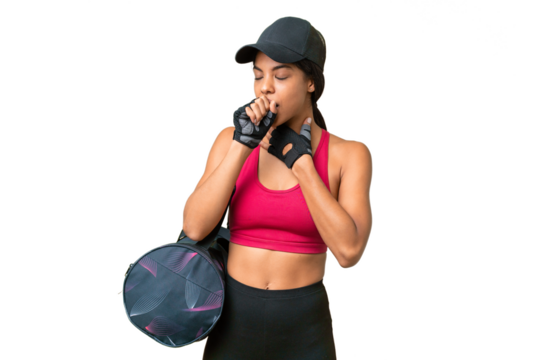 Young sport African american woman with sport bag over isolated background is suffering with cough and feeling bad