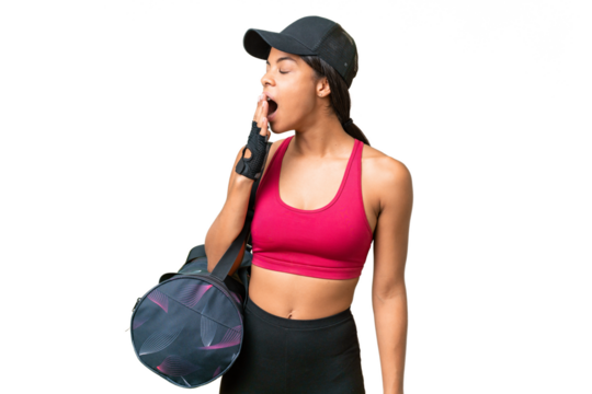 Young sport African american woman with sport bag over isolated background yawning and covering wide open mouth with hand