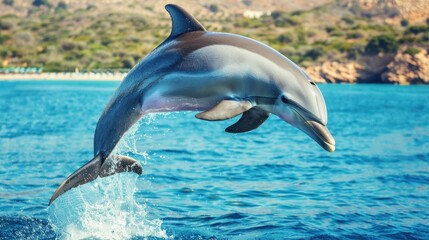 Fototapeta premium Stunning Photo of a Dolphin Leaping Out of the Water in a Beautiful Ocean Setting