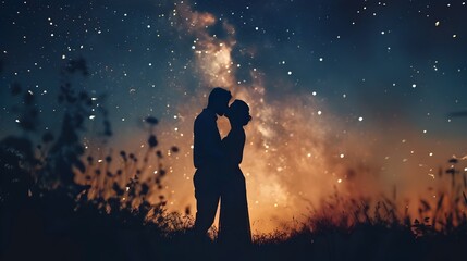 Silhouetted Lovers Kissing Under the Starry Countryside Sky
