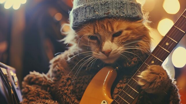 Cool cat playing guitar. Ginger cat wearing a wooly hat and sweater playing an electric guitar under warm lights