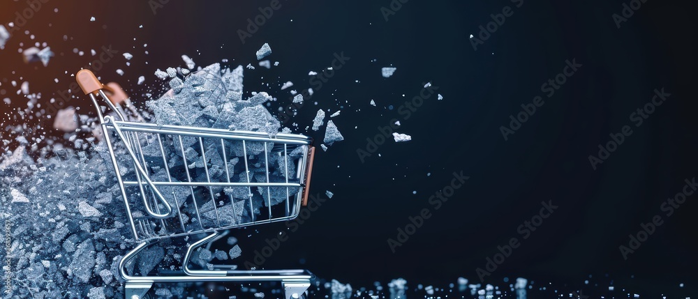 Poster minimalist banner featuring a conceptual cart explosion with abstract digital fragments with copy sp