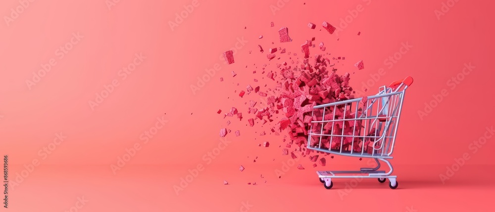 Poster minimalist banner featuring a conceptual cart explosion with abstract digital fragments with copy sp