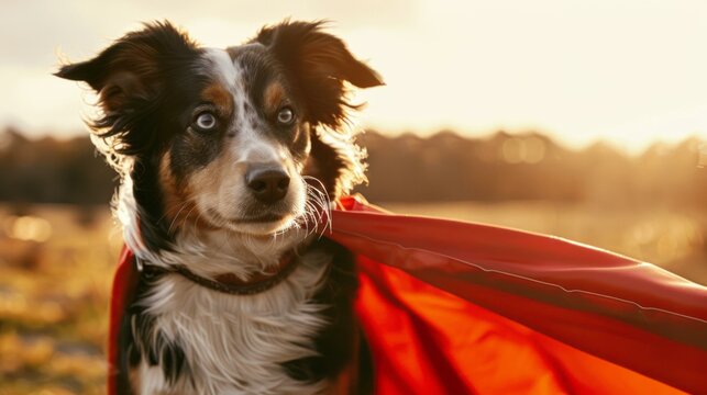 Superdog in red cape at sunset. A majestic dog wears a red cape and poses heroically in a field at sunset.