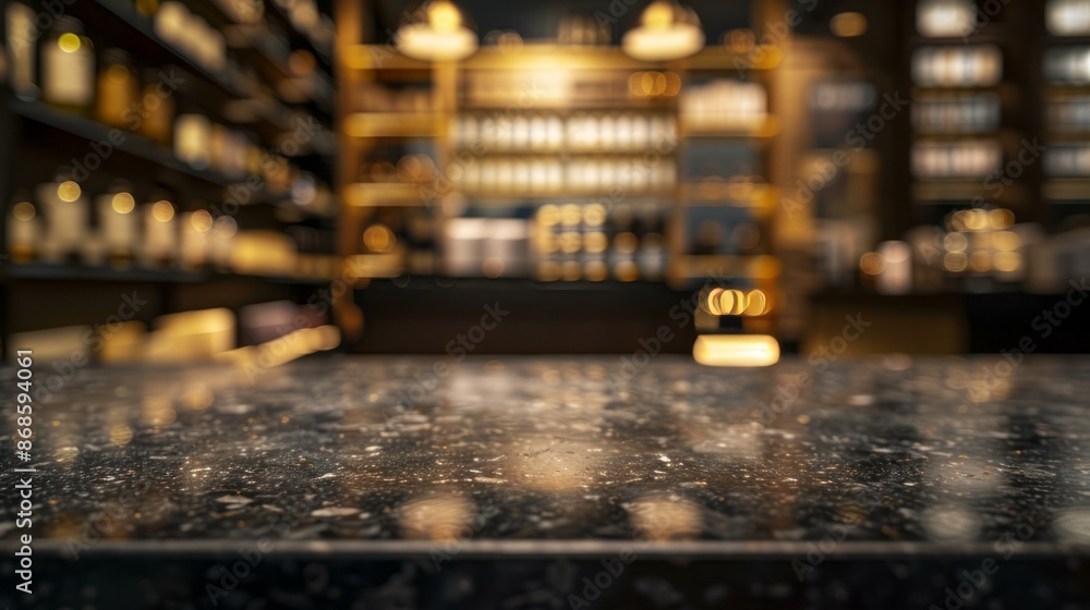 Poster empty bar countertop with blurry background. black granite countertop in an elegant bar setting, ide