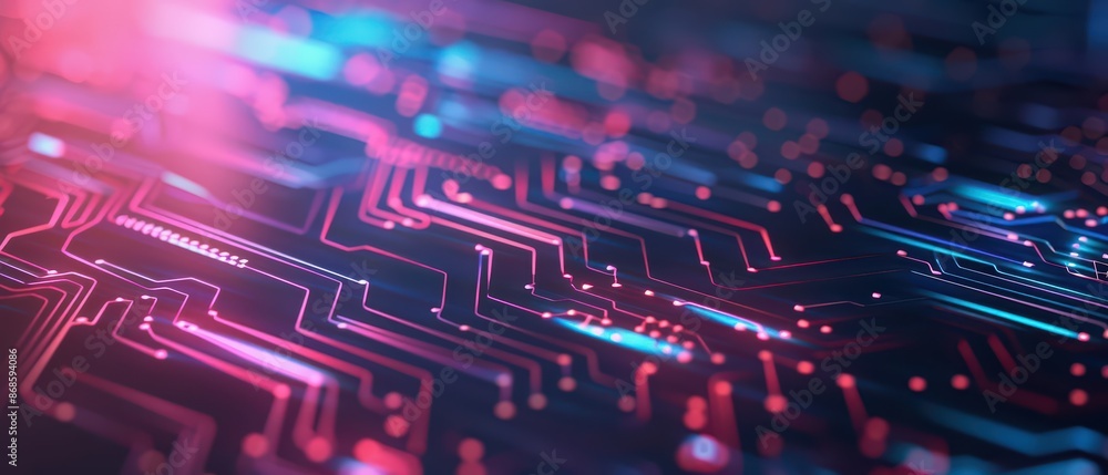 Poster minimalist depiction of a computer system with abstract cyber visuals and clean lines with copy spac