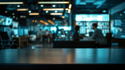 Modern office background with empty table. Blurred image of a modern office with an empty table in the foreground, perfect for product placement or showcasing your design.