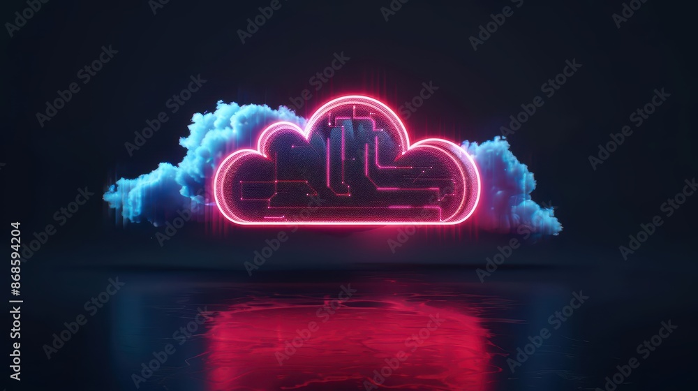 Poster minimalist depiction of cloud technology with abstract cyber visuals and clean lines with copy space