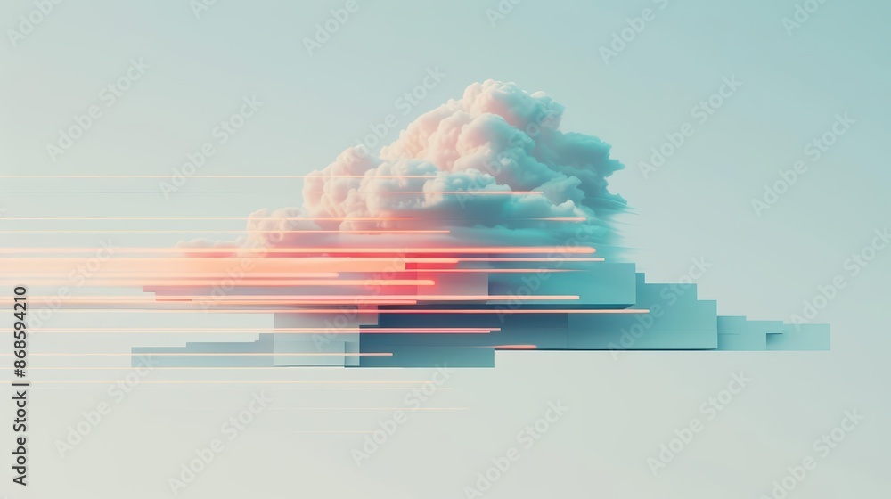Poster minimalist depiction of cloud technology with abstract cyber visuals and clean lines with copy space