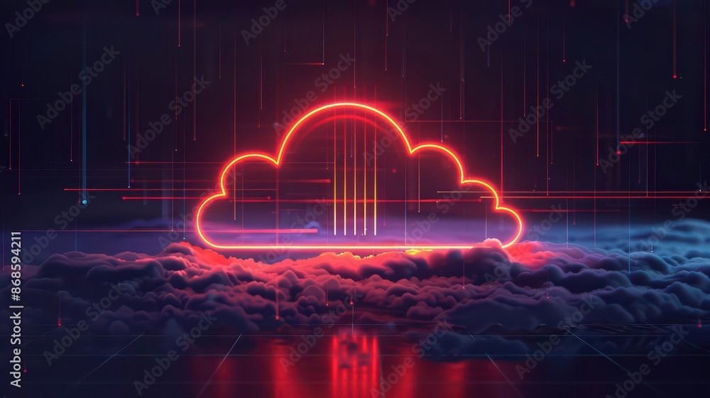 Poster minimalist depiction of cloud technology with abstract cyber visuals and clean lines with copy space