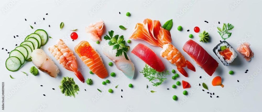 Poster minimalist design featuring an abstract burst of sushi and sashimi with copy space