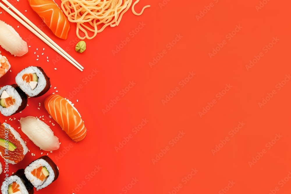 Poster minimalist design featuring an abstract burst of sushi and sashimi with copy space