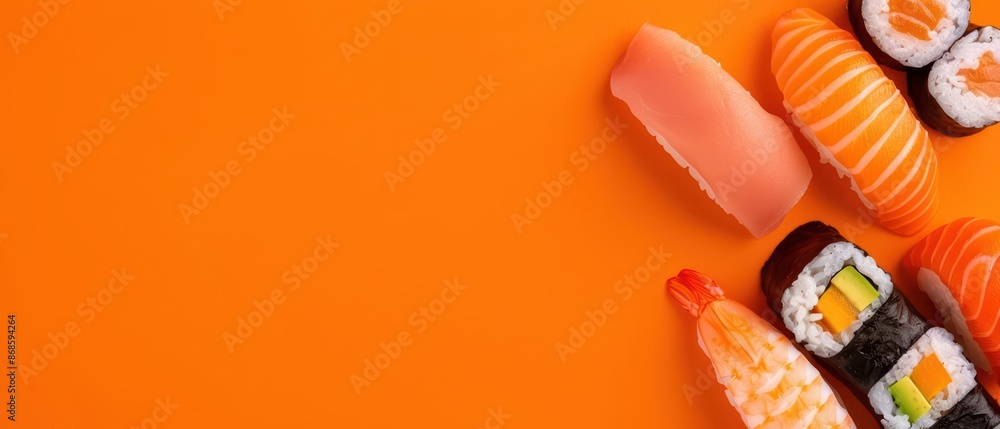 Poster minimalist design featuring an abstract burst of sushi and sashimi with copy space