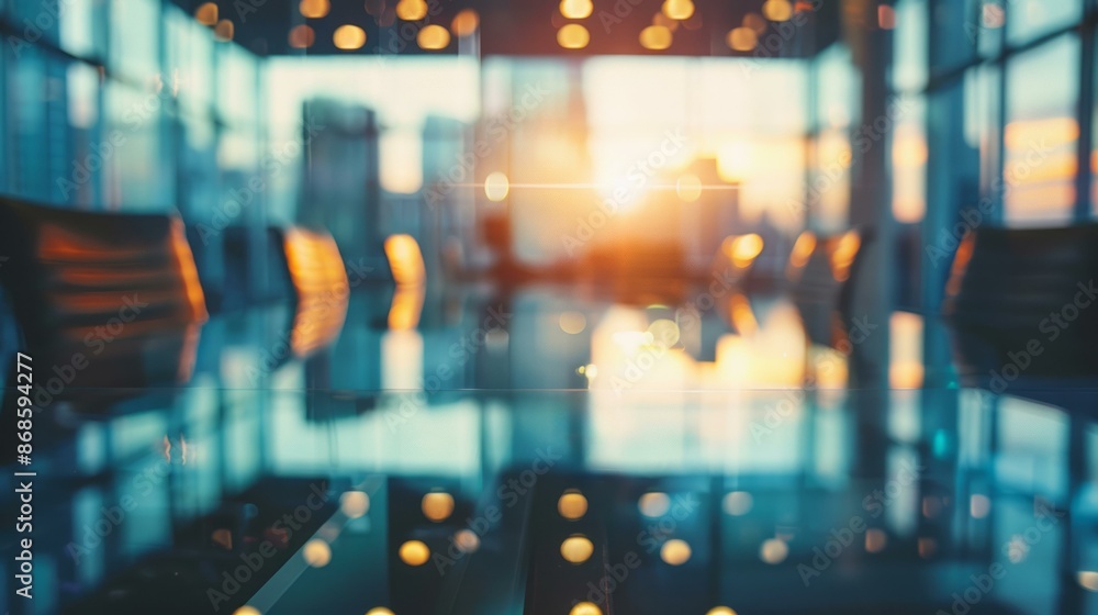 Poster empty boardroom with city view and sunset. blurred image of an empty boardroom table with a view of 