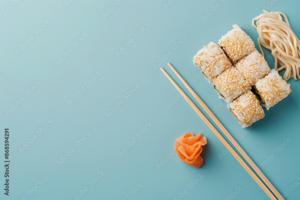 Poster minimalist design featuring an abstract burst of sushi and sashimi with copy space