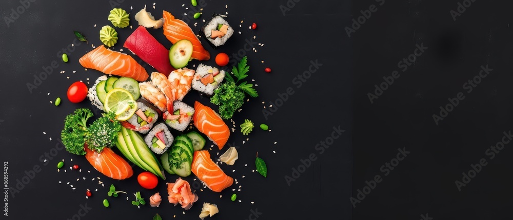 Poster minimalist design featuring an abstract burst of sushi and sashimi with copy space