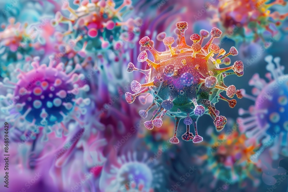 Aufkleber microscopic view of colorful virus cells and bacteria abstract microbe background digital art