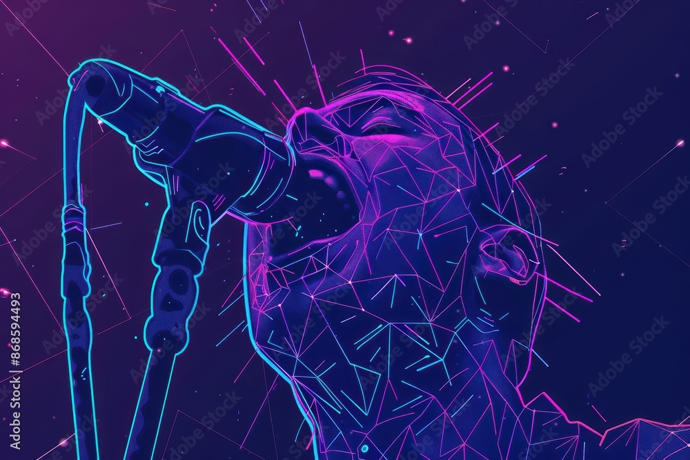 Poster minimalist representation of singing with abstract cyber visuals and clean lines with copy space