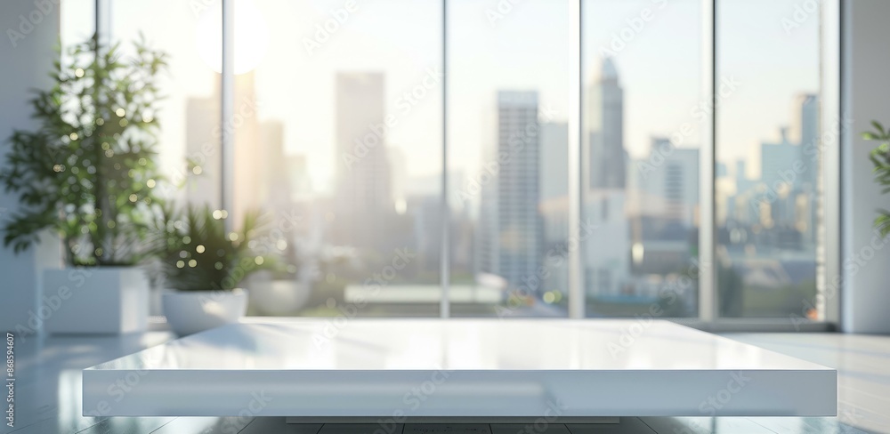 Poster empty desk with city view. white desk space in a modern office with large windows overlooking a brig