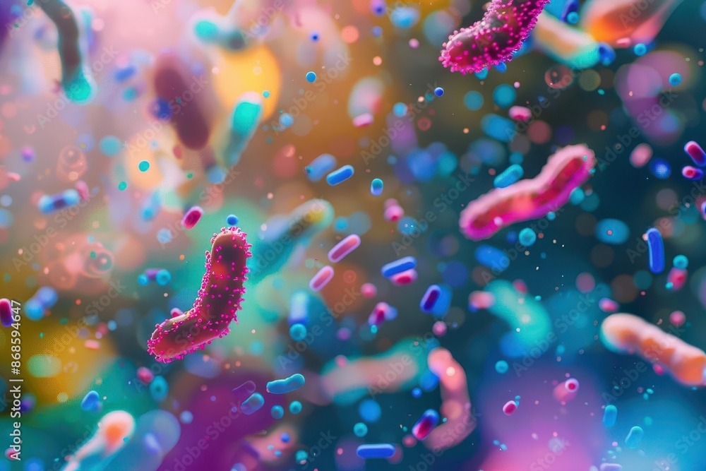 Aufkleber microscopic view of probiotic bacteria featuring colorful elongated microorganisms against a blurred