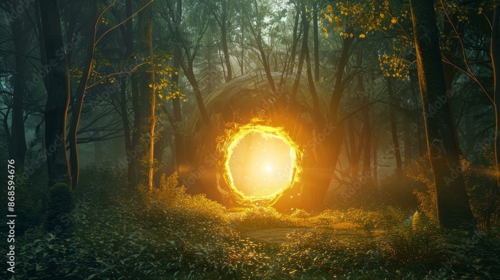 Poster magical portal in enchanted forest. a glowing portal illuminates a mystical forest, creating a capti