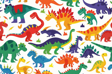 A seamless pattern of colorful dinosaurs in various shapes and sizes on a white background, perfect for kids' designs and playful themes.