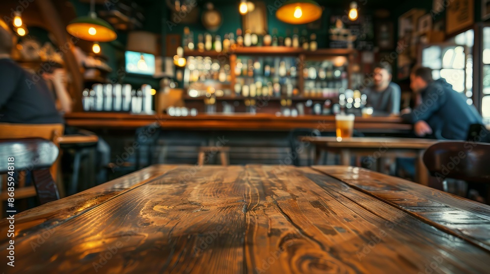 Poster empty wooden table in a busy pub. an inviting image of an empty wooden table in a warm and bustling 