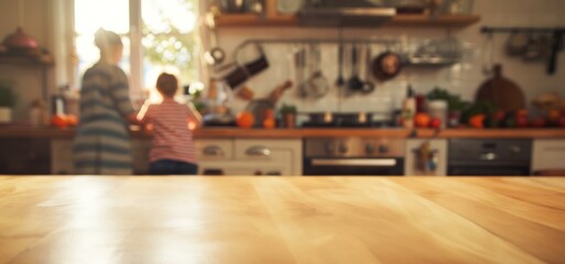 Empty kitchen table with family background. Warm and inviting kitchen with wooden table and blurred family in background, perfect for food or family product placement.