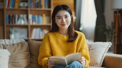 people and leisure concept - happy smiling asian young woman in yellow sweater with diary or notebook sitting on sofa at home. 