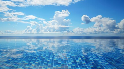 Obraz premium Infinity pool with ocean view and blue sky. Relaxing blue water infinity pool with stunning ocean view and cloudy sky, perfect for travel and vacation background